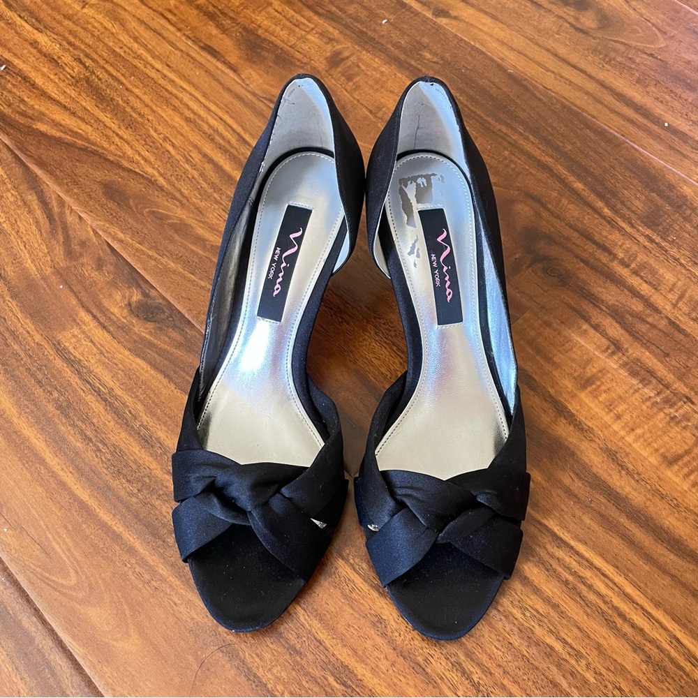 Nina New York Black Satin Ribbon Kitten Heels Sandals
